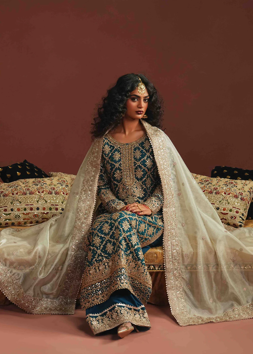 Teal Chiffon Straight Kurta Formal 4Pc Suit - Image 7
