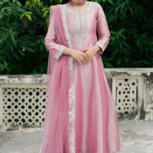 Pastel Pink Organza 3PC Pearl Embellished Formal