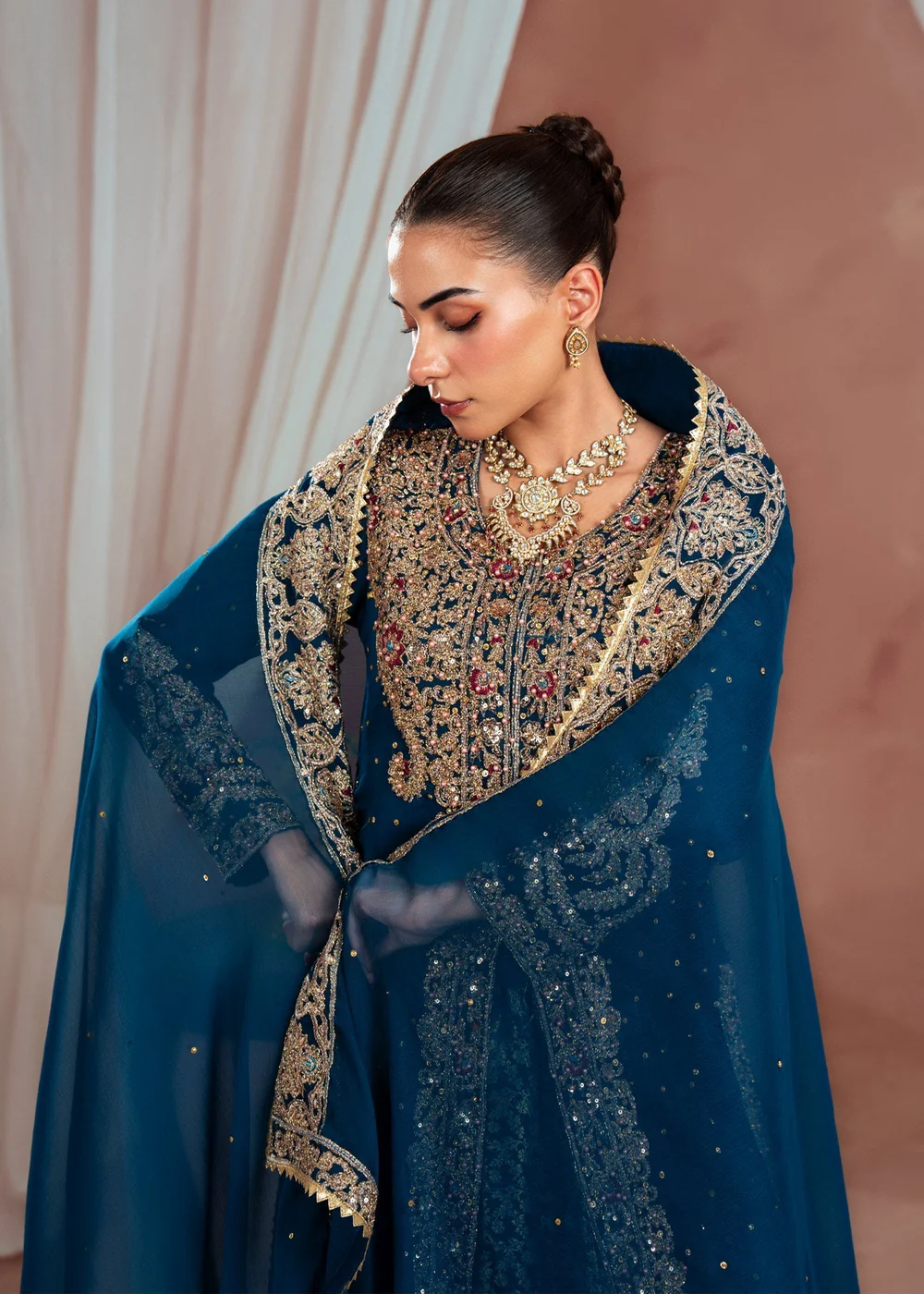 Blue Chiffon Lehenga Wedding Wear 4Pc Set - Image 4