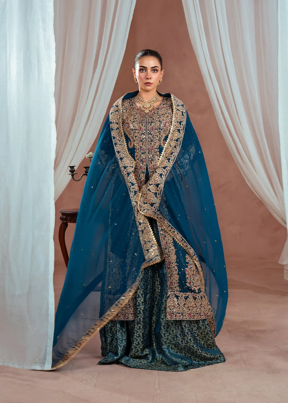 Blue Chiffon Lehenga Wedding Wear 4Pc Set