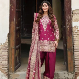 Magenta Gold Embroidered Charmuse Formal Suit
