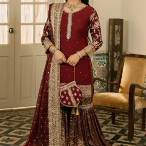 Maroon Velvet Gharara 4PC Gold Embroidered Formal