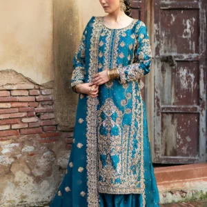 Teal Sharara Formal Dress with Golden Embroidery