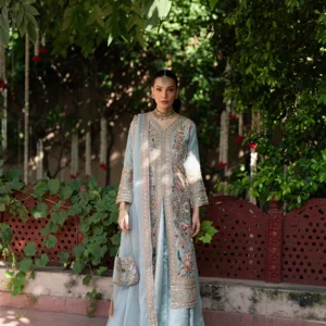Ice Blue Chiffon Zari Embroidered Lehenga Set