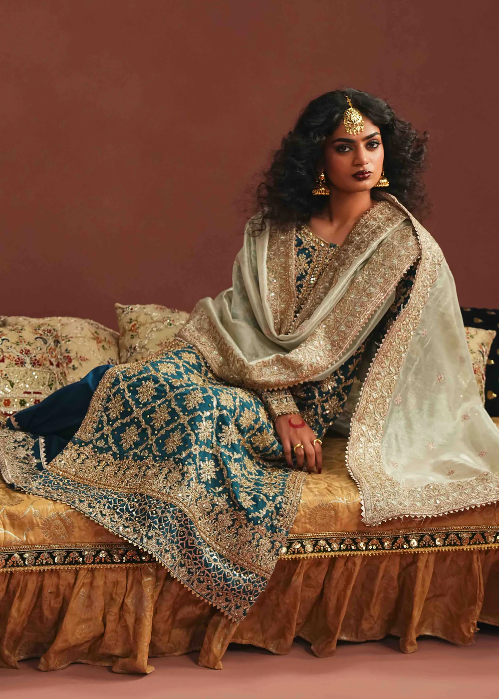 Teal Chiffon Straight Kurta Formal 4Pc Suit - Image 4