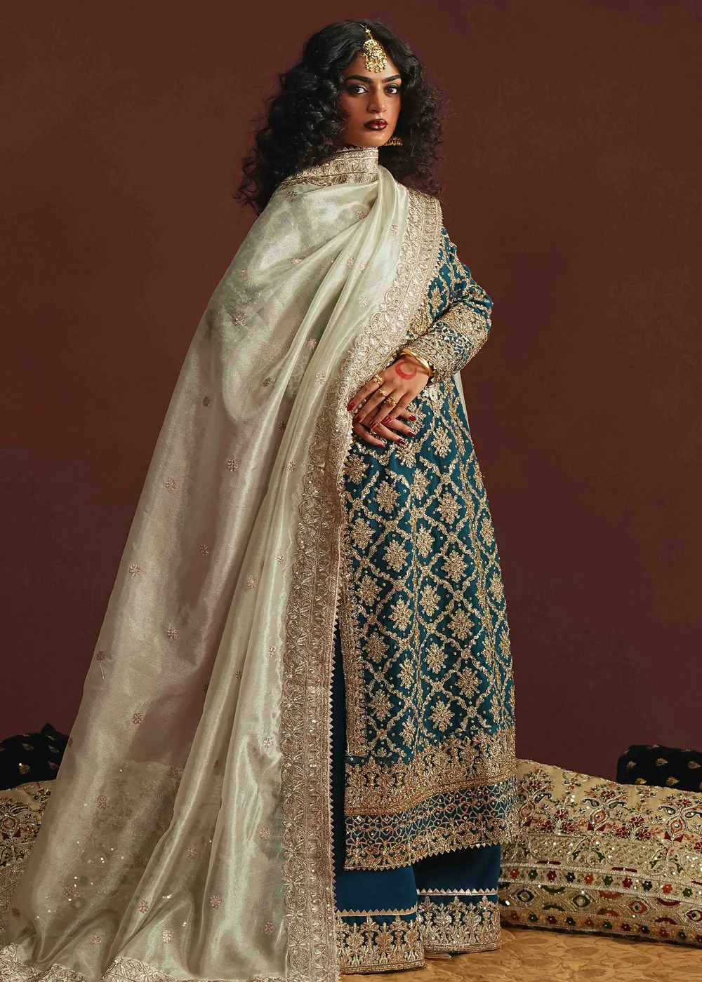 Teal Chiffon Straight Kurta Formal 4Pc Suit - Image 5