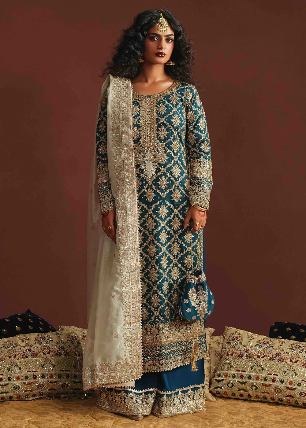 Teal Chiffon Straight Kurta Formal 4Pc Suit
