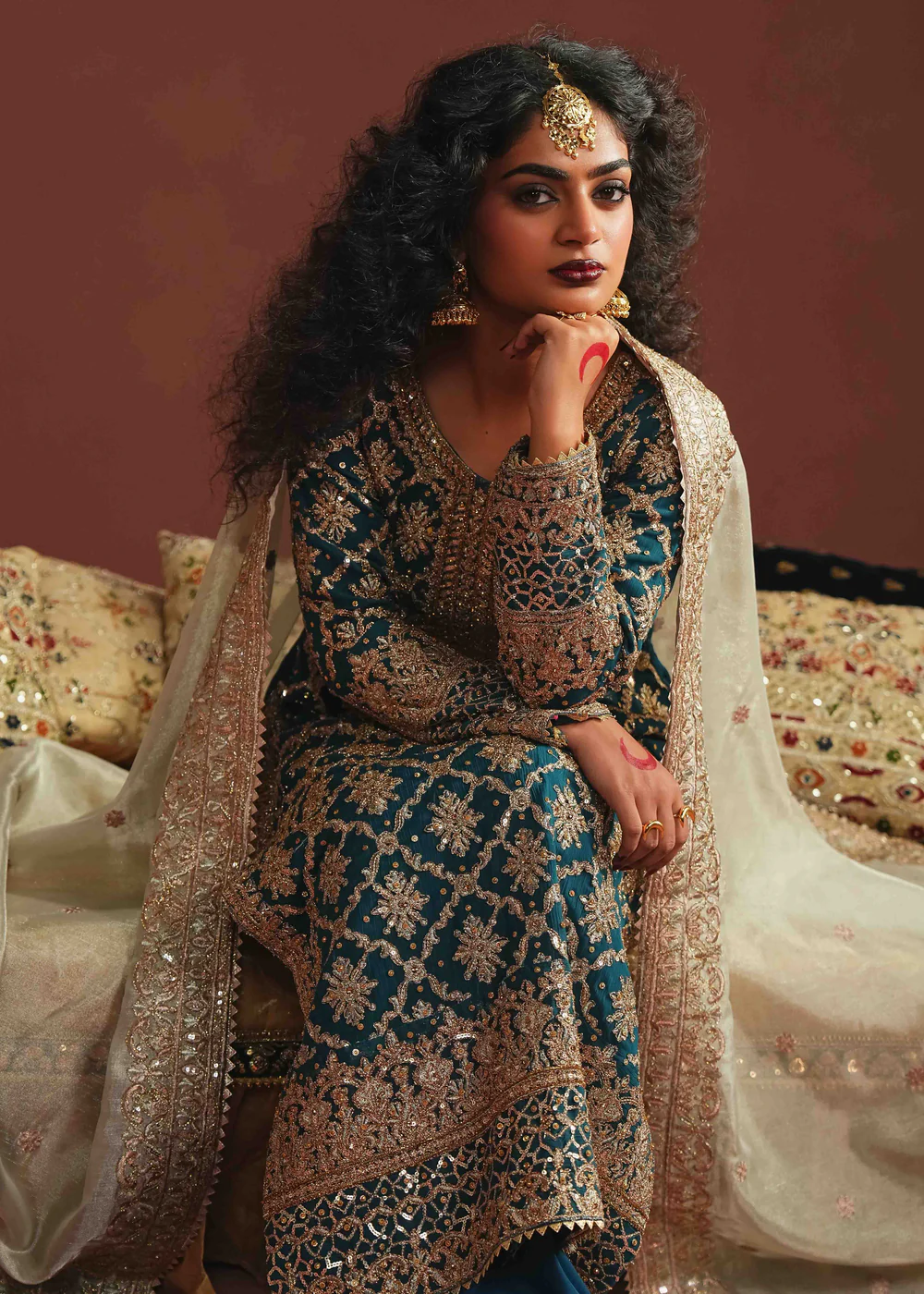 Teal Chiffon Straight Kurta Formal 4Pc Suit - Image 12