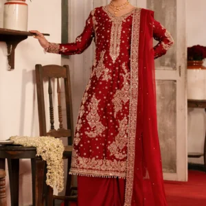 Fire Red Charmuse 3 Piece Formal Kurta Set