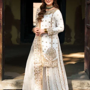 White Chiffon Antique Gold Embroidered Suit