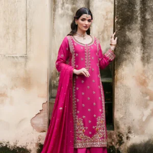 Avenah Pink Silk Embroidered Festive Suit