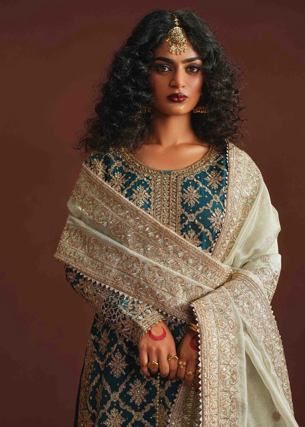 Teal Chiffon Straight Kurta Formal 4Pc Suit - Image 8