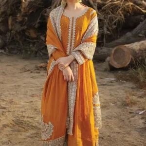 Mustard Chiffon Formal Dress with Pearl Embroidery