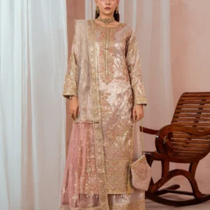Tea Rose Pink Zari Net Party Wear 4Pc Suit