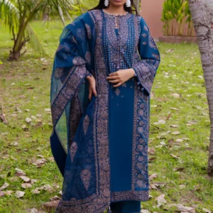 Sapphire Blue Embroidered Lawn Suit with Organza Dupatta