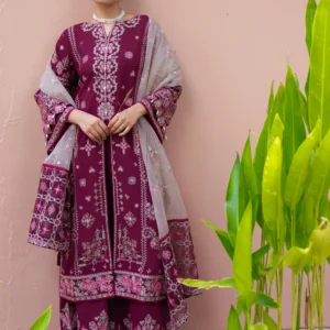 Berry Red Embroidered Lawn Suit with Organza Dupattav