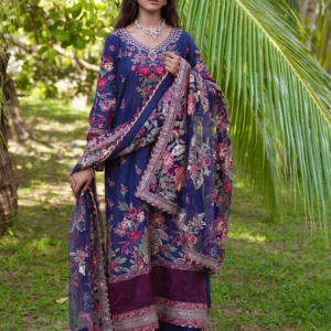 Navy Blue Embroidered Lawn Suit with Net Dupatta