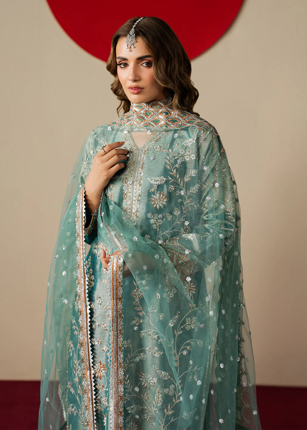 Teal Embroidered Banarasi Kurta Party Dress Set - Image 5