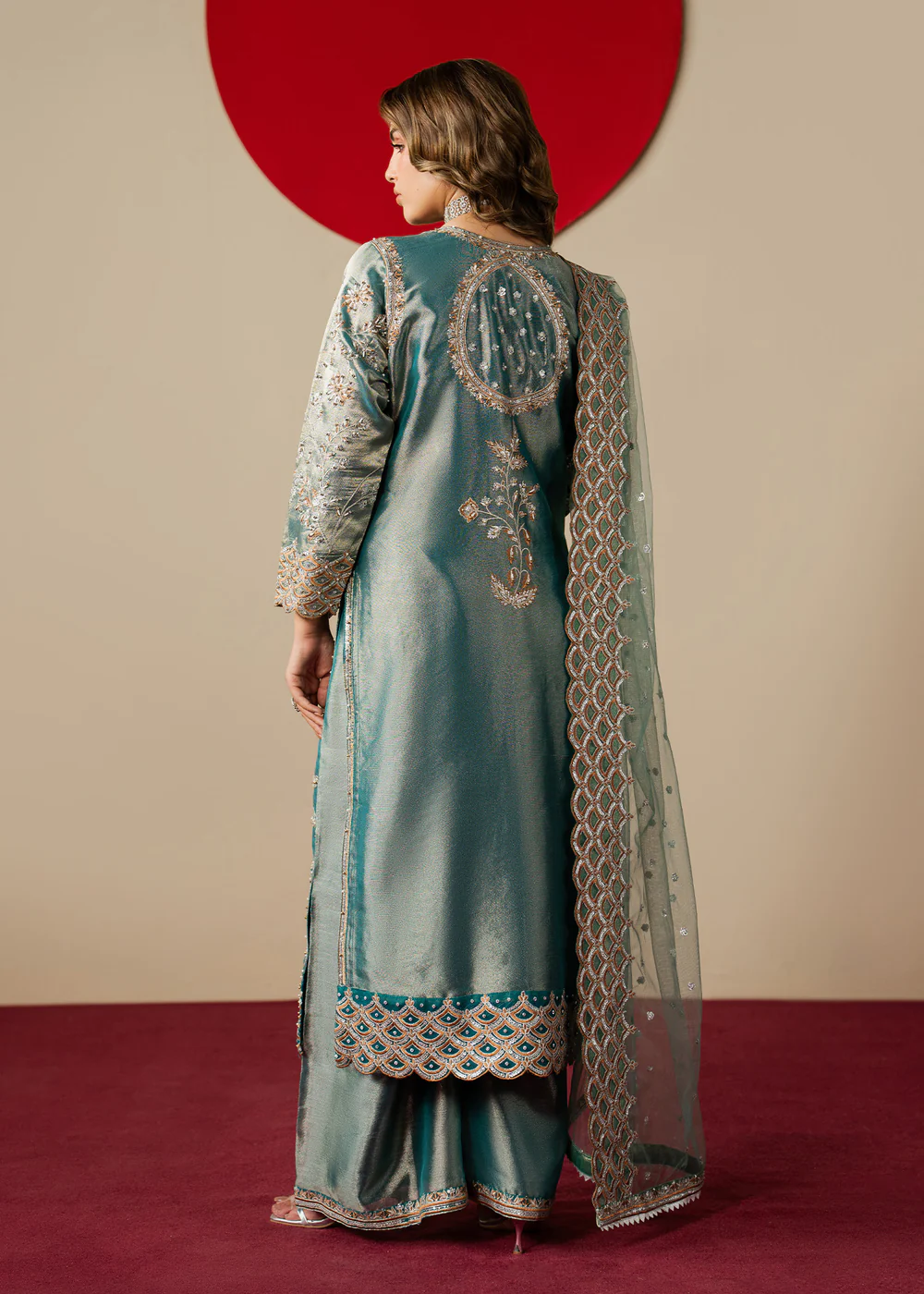 Teal Embroidered Banarasi Kurta Party Dress Set - Image 8