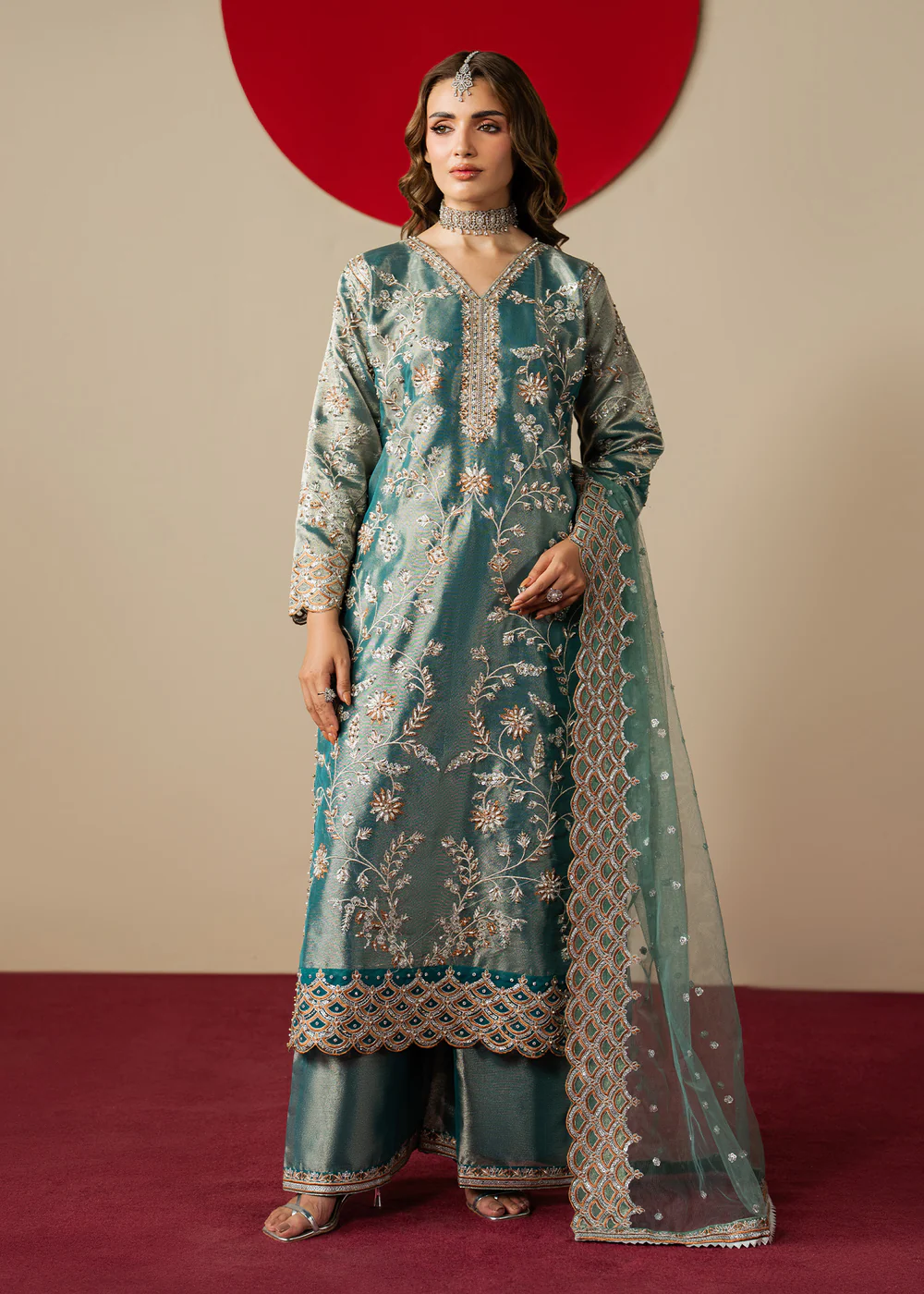 Teal Embroidered Banarasi Kurta Party Dress Set - Image 2