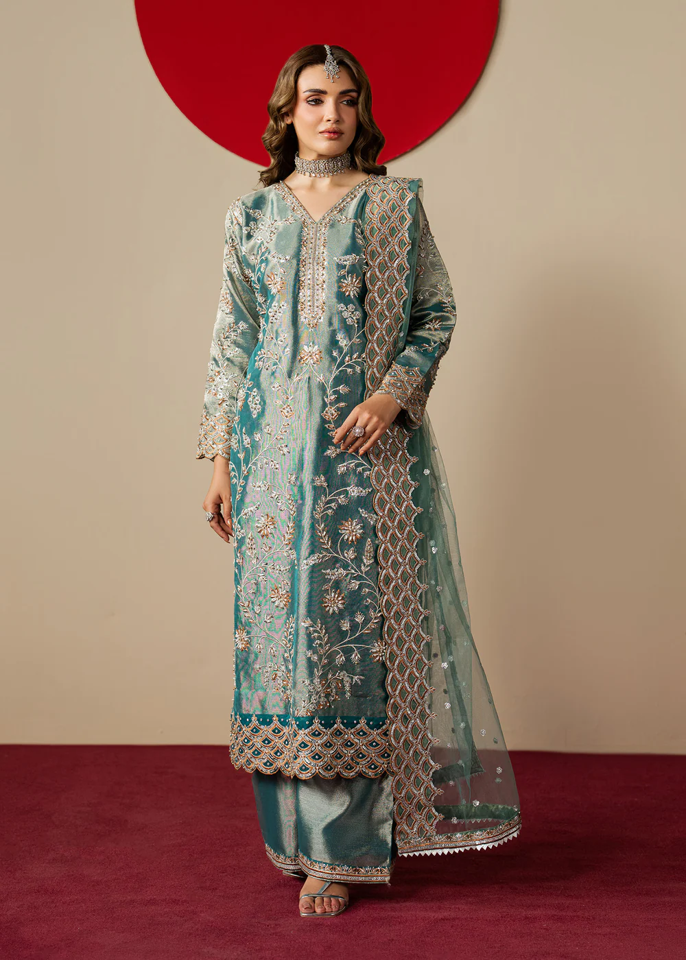 Teal Embroidered Banarasi Kurta Party Dress Set - Image 9