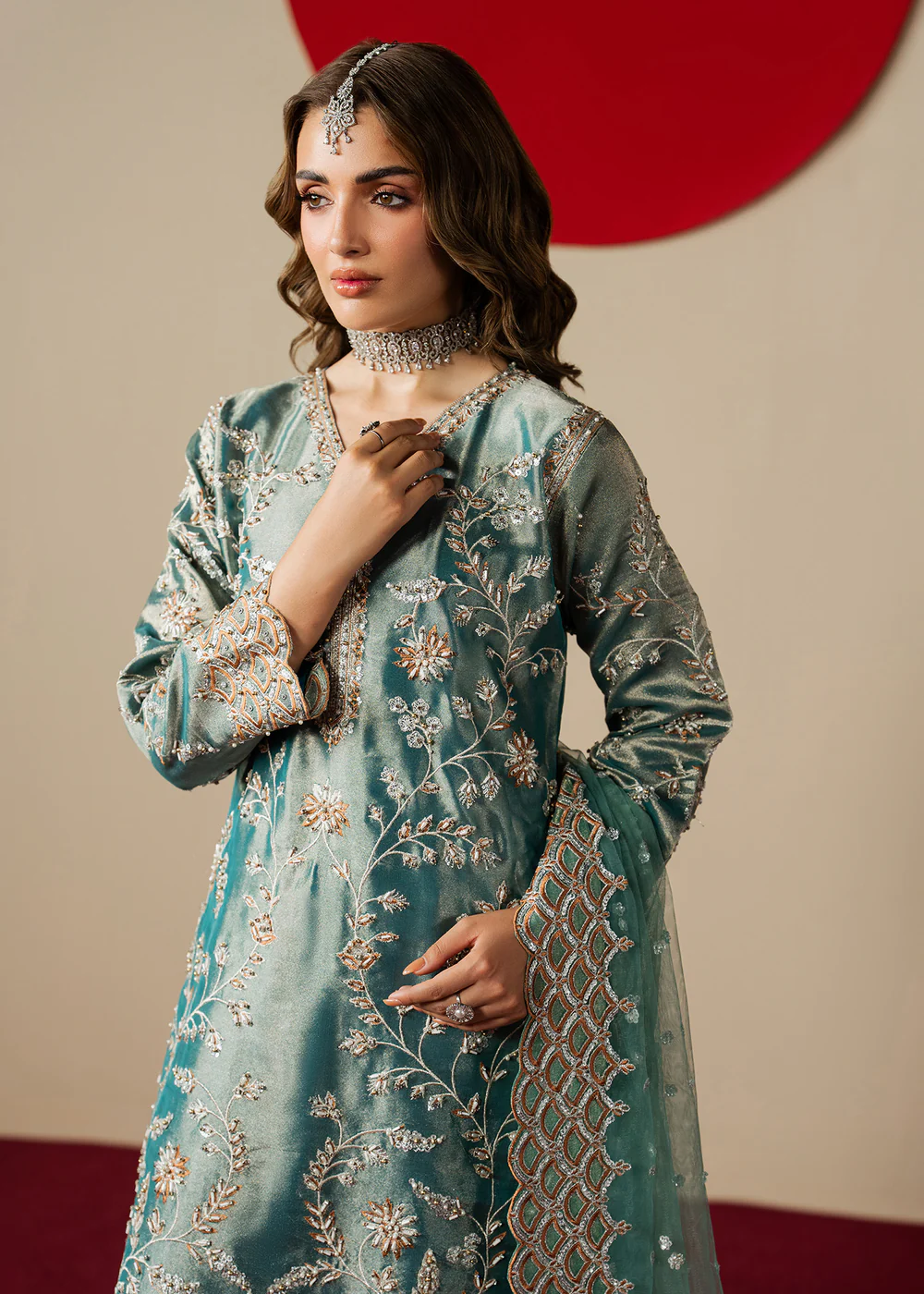 Teal Embroidered Banarasi Kurta Party Dress Set - Image 6