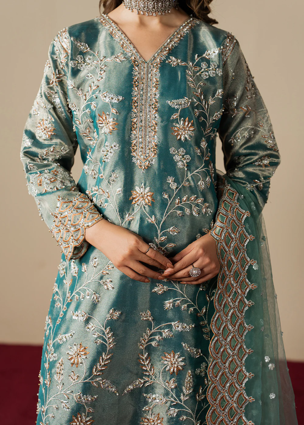 Teal Embroidered Banarasi Kurta Party Dress Set - Image 7