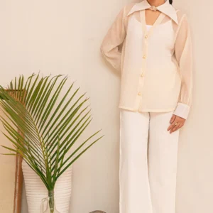 Crushed Ivory Organza Shirt with Statement Collar Top