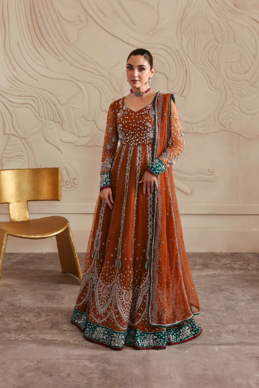 Rust Net Peshwas Dress Embroidered Formal Outfit Set - Image 7