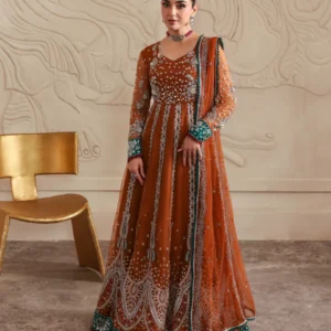Rust Net Peshwas Dress Embroidered Formal Outfit Set