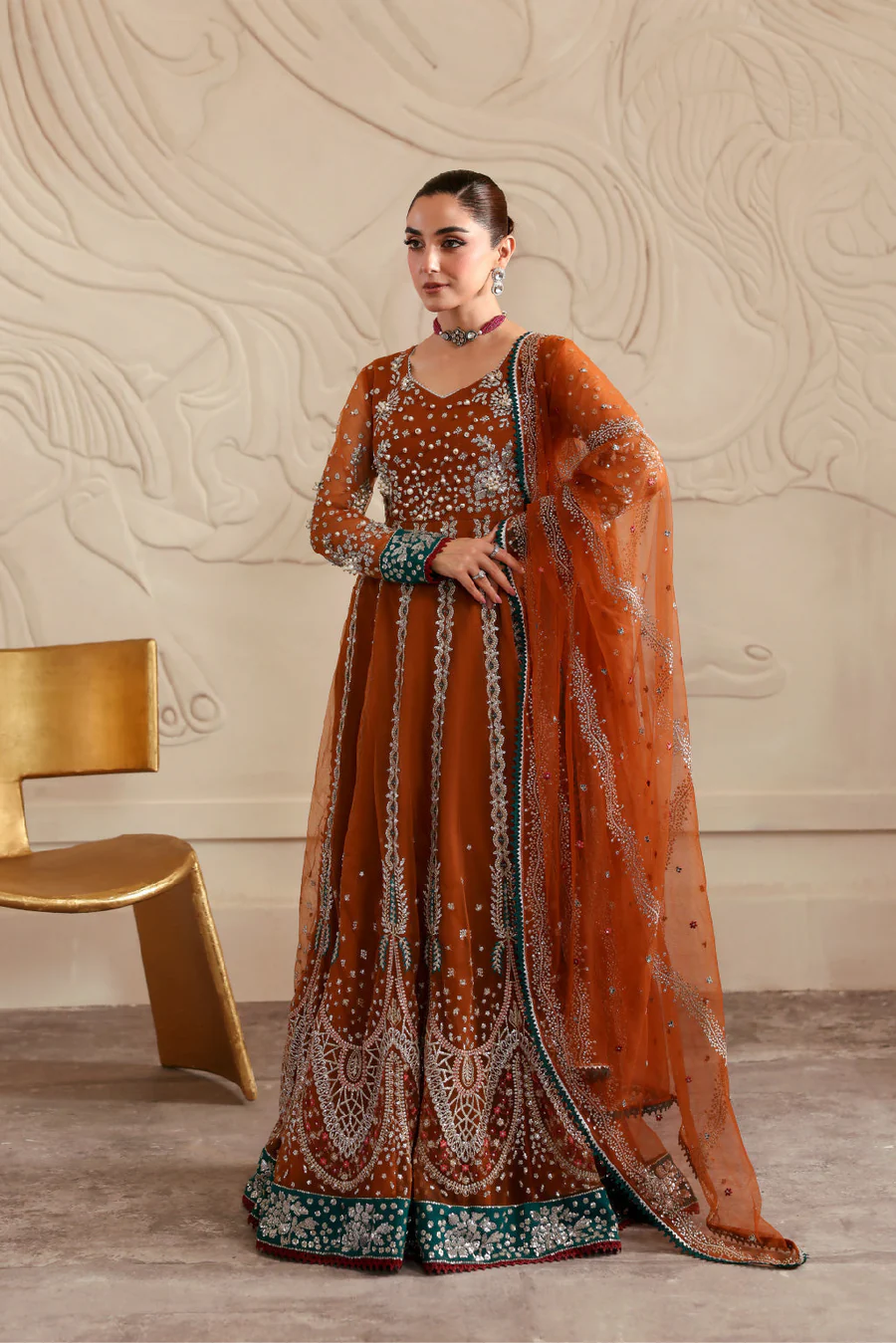 Rust Net Peshwas Dress Embroidered Formal Outfit Set - Image 6