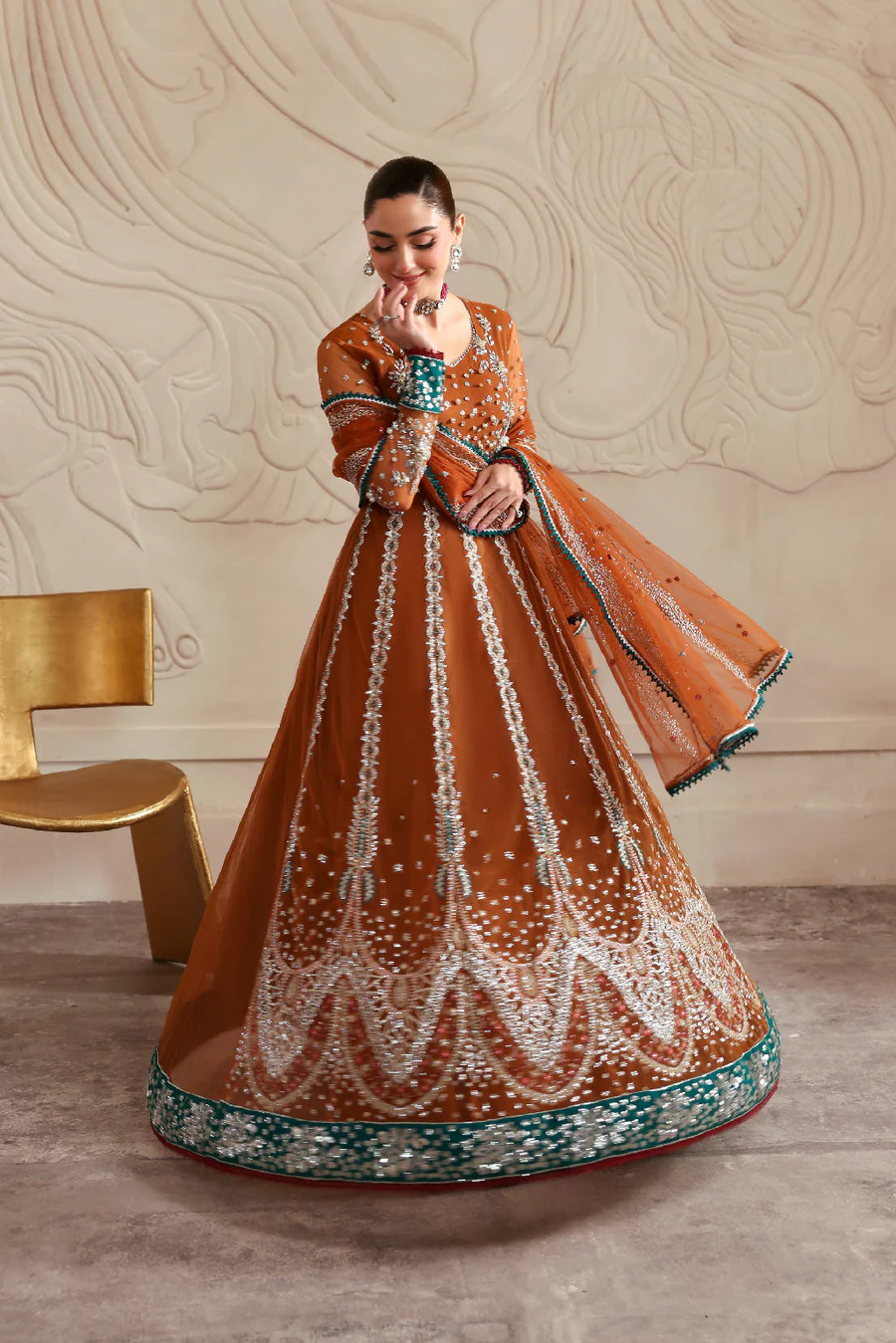 Rust Net Peshwas Dress Embroidered Formal Outfit Set - Image 5