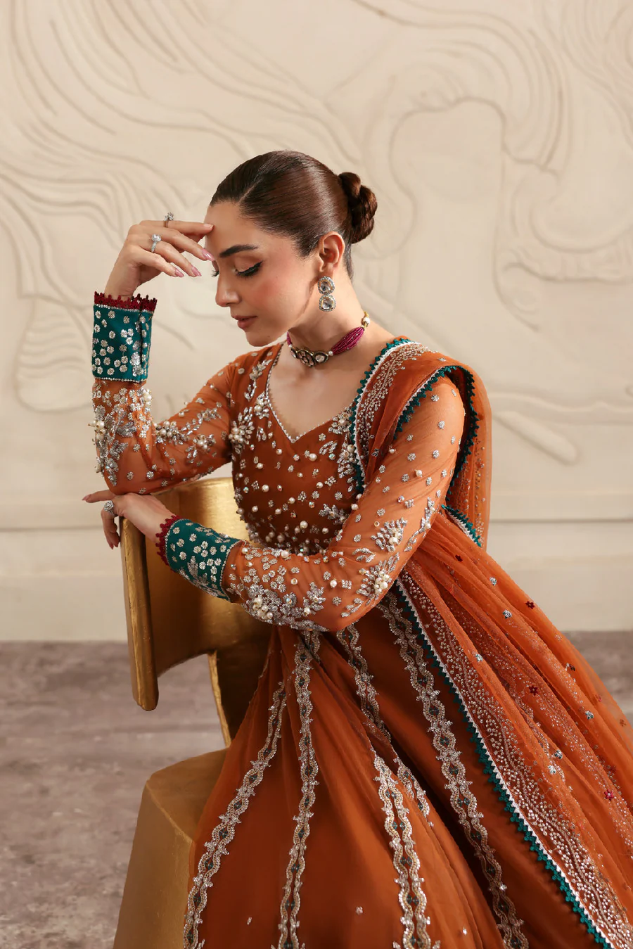 Rust Net Peshwas Dress Embroidered Formal Outfit Set - Image 4
