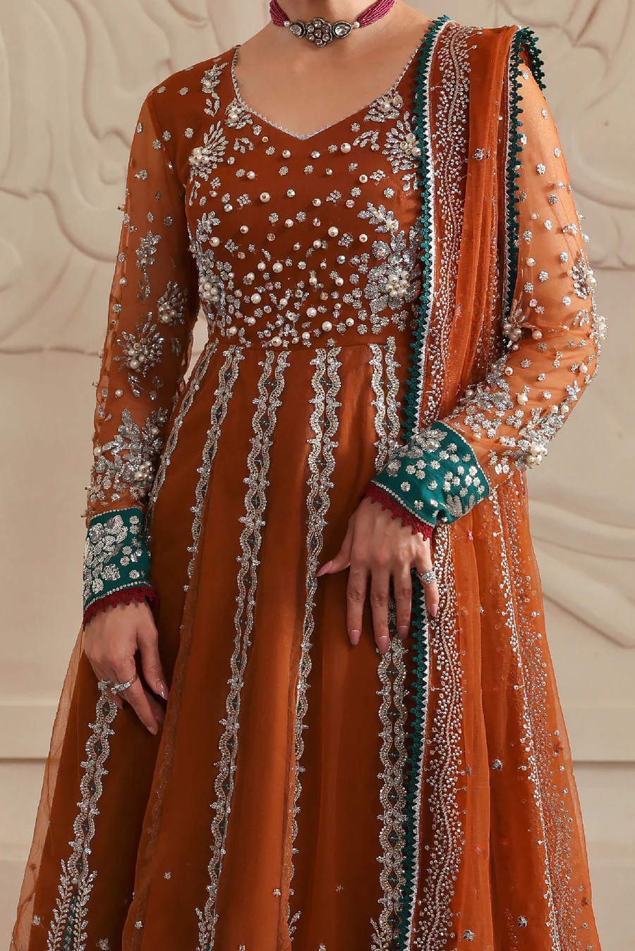 Rust Net Peshwas Dress Embroidered Formal Outfit Set - Image 3
