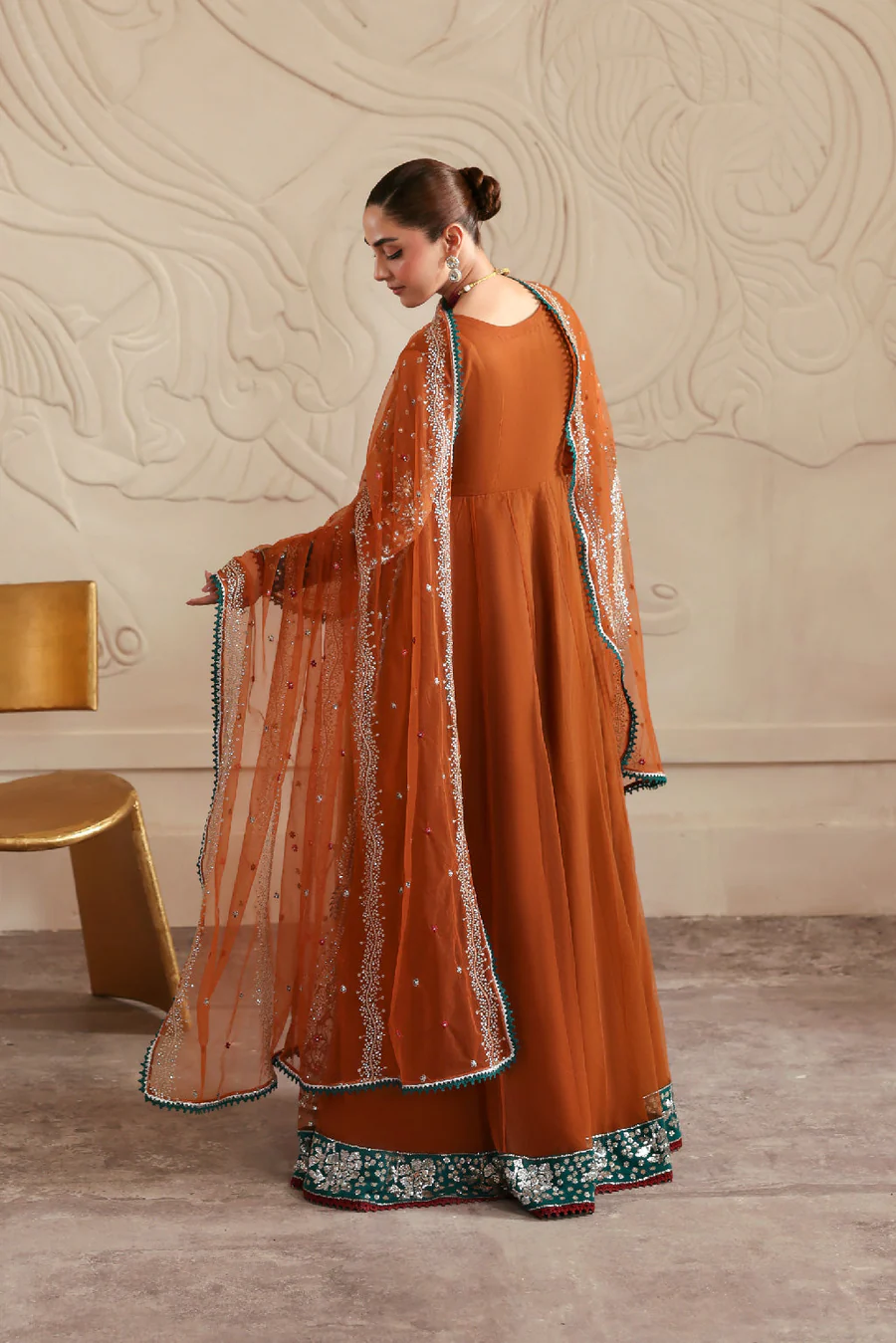 Rust Net Peshwas Dress Embroidered Formal Outfit Set - Image 2