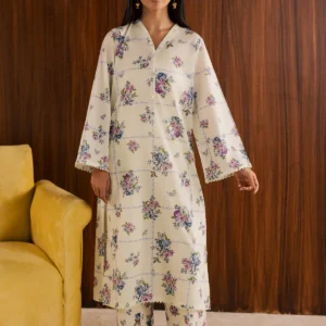 Off White Printed 2Pc Dress with Trouser Set Women