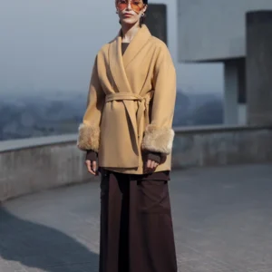 Beige Wool Tailored Coat Women Elegant Winter Wear