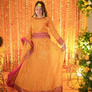 Mustard Embroidered Chiffon Lehenga Suit Set