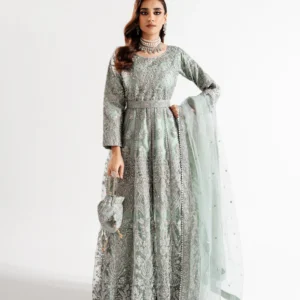 Ice Blue Embellished Chiffon Maxi Suit with Potli