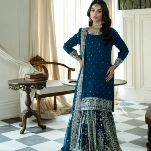 Dark Blue Chiffon Gharara Suit with Zari Embroidery