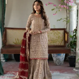Beige Chiffon Gharara Suit with Zardozi Work Formal Wear