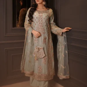 Ice Blue Chiffon Embroidered Long Kurta Party Suit