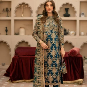 Teal Embroidered Chiffon Suit with Organza Dupatta