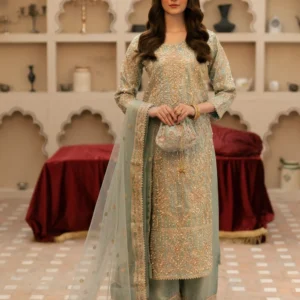 Pastel Green Embroidered Formal Suit with Net Dupatta