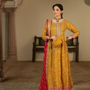 Mustard Embroidered Maxi Dress for Women Party Wear