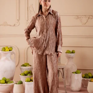 Crushed Silk 2 Piece Button Shirt Pants Set Women
