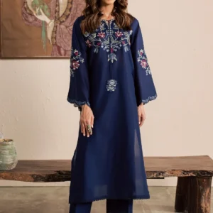 Midnight Blue Embroidered Long Shirt with Culottes