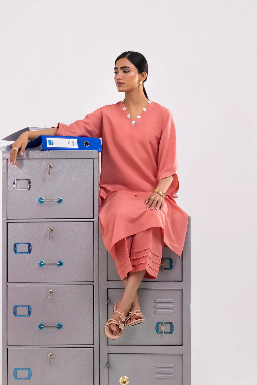 Peach Linen Basic Women's Traditional Dress Set - Image 3