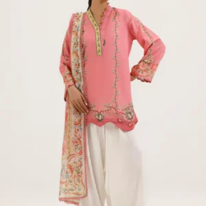 Pink Fancy Dobby Suit with Printed Net Dupatta