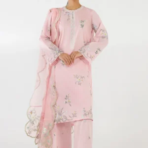 Pink Lawn Suit with Off White Slub Dupatta Set